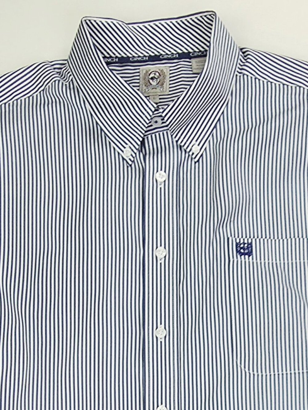 Cinch Blue White Stripe Mens Size Large Button Down Long Sleeve Embroidered Logo